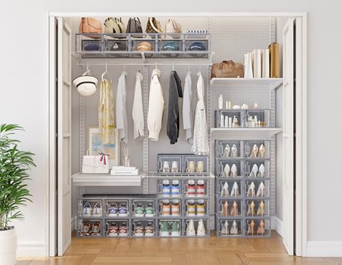 HOMIDEC Shoe Storage, 12 Pack Shoe Organizer for Closet, Shoe Boxes Clear Plastic Stackable Shoe Containers with Lids for Size 13 - color: Grey, size: XL