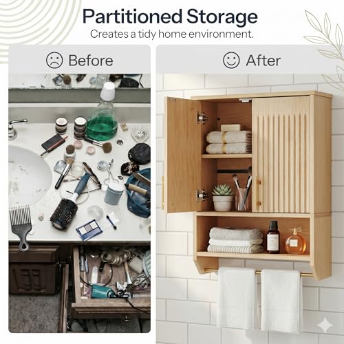 HOOBRO Narrow Bathroom Wall Cabinet with Towel Rack, Space Saving Medicine Cabinet for Small Spaces, Farmhouse Fluted Wall Storage Cabinet with Adjustable Shelf, Natural - color: Natural, size: 15.7"L x 7.9"W x 22.4"H