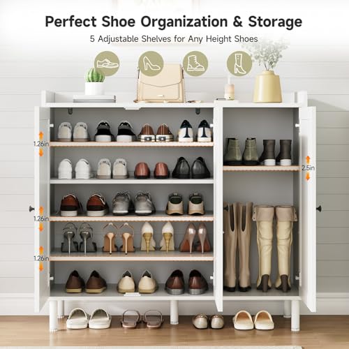 ONBRILL Shoe Cabinet with 3 Doors and Adjustable Shelves, 30 Pairs Shoe Storage Cabinet, 40 Inch Tall Farmhouse Shoe Rack Shoe Organizer Cabinet for Entryway Living Room Closet, White - color: White
