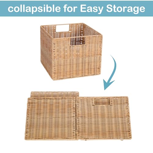 12X12X10in Plastic Wicker Storage Basket, Collapsible Wicker Cube Storage for Shelves, Woven Plastic Storage Basket for Pantry, Bedroom, Living Room, Bathroom, Shelves-3 Pack - color: Natural