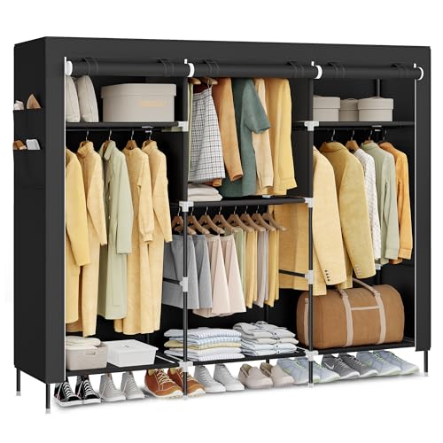 SONGMICS Portable Closet, Fabric Wardrobe, Clothes Rack with Shelves, Pockets, Large Capacity, 4 Hanging Rods, 74.4 x 17.7 x 70.9 Inches, Black URYG011BZ02 - color: Black, size: 3 Tiers(70.9"H)