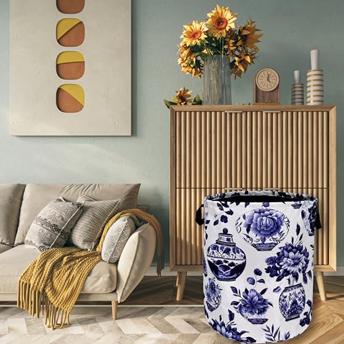 Blue White Floral Laundry Basket Foldable With Handles Vase Flower Tote Bag Oxford Cloth Color Laundry Hamper Clothes Storage Bucket Toy Organizer For Bathroom/Laundry/Bedroom 18.9"x16.5 " - color: Blue and White Vase Floral Flowers