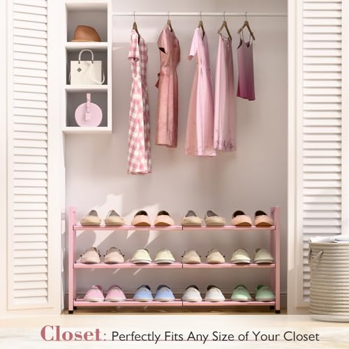 Bumusty 3-Tier Expandable Shoe Rack for Closet, 18“-33” Adjustable Shoe Rack for Small Space, Small Shoe Organizer for Front Door, Sturdy Metal, Pink - color: Pink, size: 3-Tier