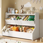 FOUCSSOMEI Toy Storage Organizer, 3-Tier Wooden Kids Toy Storage with Bookshelf, Movable Compartments, Safe and Stable Design, for Space Saving, Large Size, Patent Design - size: Large Size