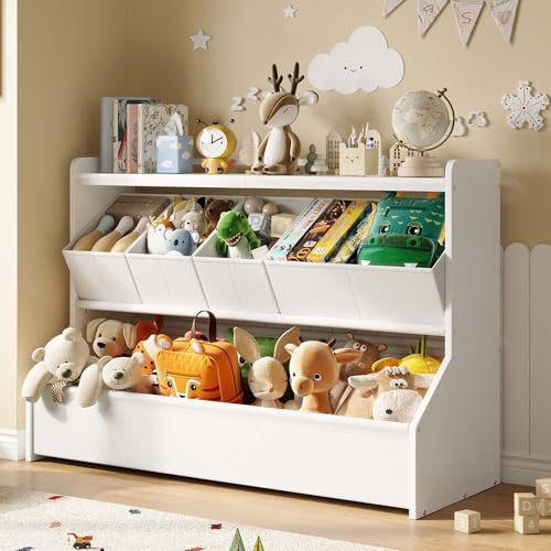 FOUCSSOMEI Toy Storage Organizer, 3-Tier Wooden Kids Toy Storage with Bookshelf, Movable Compartments, Safe and Stable Design, for Space Saving, Large Size, Patent Design - size: Large Size