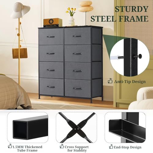 8-Drawer Dresser for Bedroom, Anti-Tip Tall Storage Organizer Chest of Drawers with Wooden Top and Metal Frame Fabric Bins for Closet, Living Room, Hallway, Entryway, Gray - color: Grey, size: 11.8"D x 31.4"W x 36.3"H (8 Drawers)