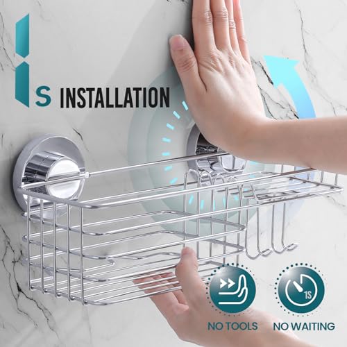 TAILI Shower Caddy Suction Cup 2 Pack with Hooks and Soap Holder, Heavy Duty Shower Organizer for Bathroom, No Drilling Silver Bathroom Suction Shelves-Silver - style: 2 × Silver