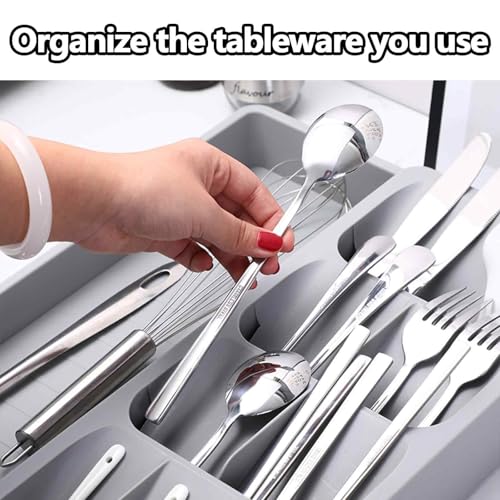 Expandable Kitchen Drawer Organizer Tray, 15.9×10.3×2.2in,Adjustable Silverware Storage for Spoons,Forks,Knives, Compact Cutlery Holder Saves Space(Grey)