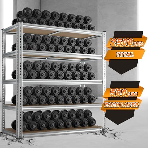REIBII 2500LBS Garage Shelving 40" W Storage Shelves Adjustable Metal Shelving 5 Tier Pantry Shelves for Garage Closet Kitchen Basement 40" W x 19.7''D x 72''H, Silver - size: 40"W x 19.7''D x 72''H