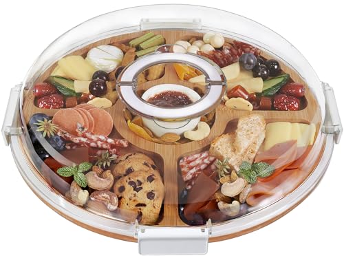 Round Charcuterie Board with Clear Lid, Travel Picnic Portable Cheese Board Charcuterie Boxes, Meat Fruit Serving Tray Platter, House Warming Gifts New Home, Gifts for Women, White,5 Compartments - color: White, size: 5 Compartments