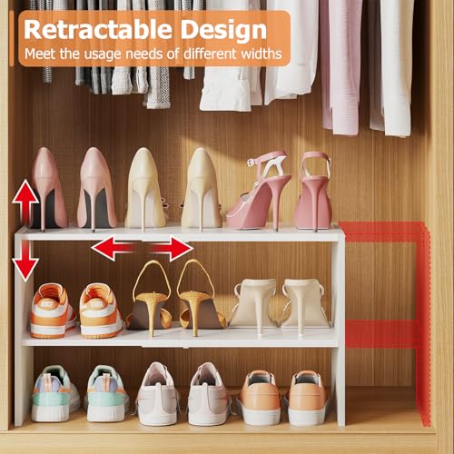 X-cosrack 2 Pack 2-Tier Shoe Rack Organizer for Closet, Expandable and Adjustable White Shoe Rack, Stackable Iron Wood Combination Shoe Storage Shelves for Closets, Entryway, Small Space, Garage - size: 2 Pack 2 Tier