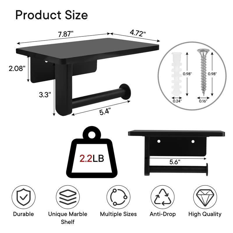Toilet Paper Holder with Natural Marble Shelf for Bathroom Washroom,Wall Mounted Tissue Holder Suitable for Mega Roll (Middle 7.87 * 4.72 in, Black) - color: Black, size: Middle 7.87 * 4.72 in