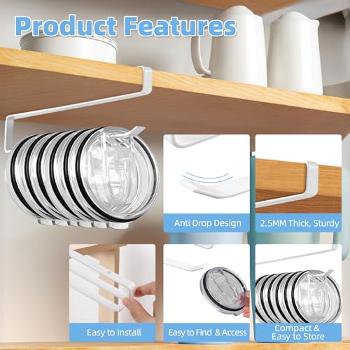 Tumbler Lid Organizer, 2 Pack for Yeti Lid Organizer, Space Saving Water Bottle Lid Holders, Tumbler Lid Holder Up to 12 Lids,No Drilling,Cup Lid Organizers for Kitchen Under Cabinet Storage (White) - color: White