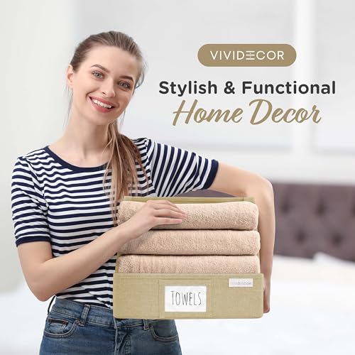 VIVIDECOR Open Front Closet Storage Bins 12x12x10 – Trapezoid Shelf Organizer, Easy Access Fabric Baskets for Clothes, Towels – Beige, 3 Pack - color: Beige