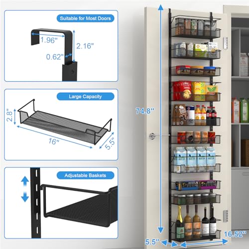 VyGrow Over the Door Pantry Organizer, 10-Tier Over the Door Organizer with Adjustable Basket, Door Organization for Pantry Kitchen Storage Room Spice Rack, Black - color: Black, size: 16.5"W 10-Tier