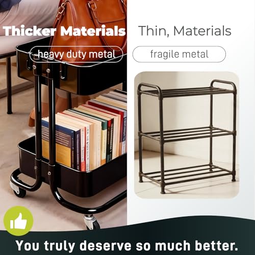 2 Tier Cart with Wheels Heavy Duty Metal Rolling Storage Cart for Under Desk Storage, Short Small Utility Shelf for Pantry Kitchen Bathroom Laundry, Home Organizer with Large Basket, Black - color: Black-1