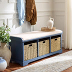 SAFAVIEH Home Collection – Lonan Blue Storage Bench with Seat Cushion, 3 Basket Drawers, Coastal Farmhouse Entryway Design (AMH5733H) - color: Blue