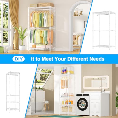 Ulif E10 Clothes Rack（With Stretchable Hanger Rod）Freestanding Clothing Racks for Hanging Clothes，Adjustable Closet Organizer System，Portable Garment Rack 73-97"W x 15" D x 72" H，Max Load 800LBS，White - color: White