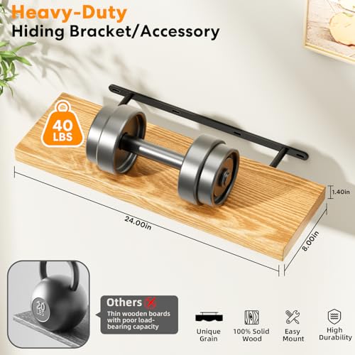 Floating Shelves for Wall Rustic Farmhouse 24 Inch Floating Shelf Wooden Shelves for Wall Pine Wood Shelf with Unique Natural Grain for Living Room Bedroom Kitchen (Raw Wood) - color: Raw Wood - Flat Edge, size: 24 inch - 2pcs