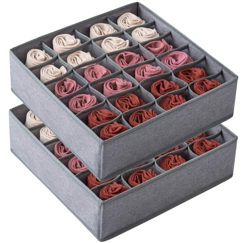 Qozary 2 Pack Socks Underwear Drawer Organizer Divider, 24 Cell or 16 Cell Collapsible Cabinet Closet Organizer Storage Boxes for Clothes, Socks, Lingerie, Underwear, Ties - color: Grey, size: 24 Cells