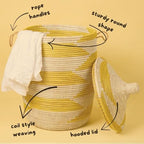 Yellow White Decorative Wicker Basket Set, 3pcs - Organize Bedroom, Living Room, Nursery - Laundry Hamper, Toy Bin, Blanket Storage - Decorative, Boho Style - Wicker, Woven, Lid, Handles - size: Set 3pcs