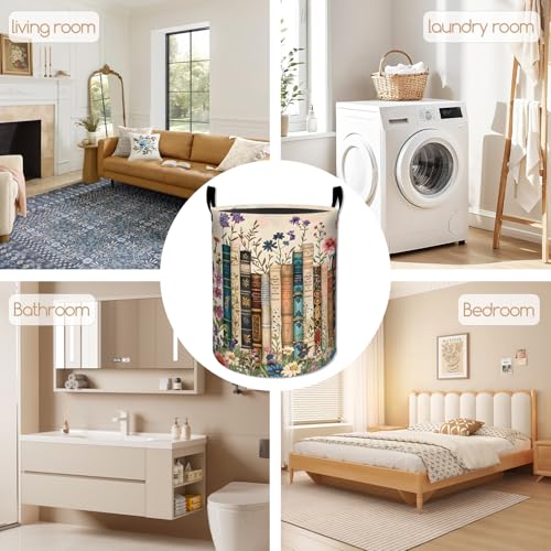 Vintage Book Laundry Basket, Floral Print Foldable Oxford Cloth, Waterproof Dirty Clothes Hamper with Handles, Clothing Storage Bucket Toy Organizer for Bathroom Bedroom Dorm, 19.7"x15.7" - style: Book