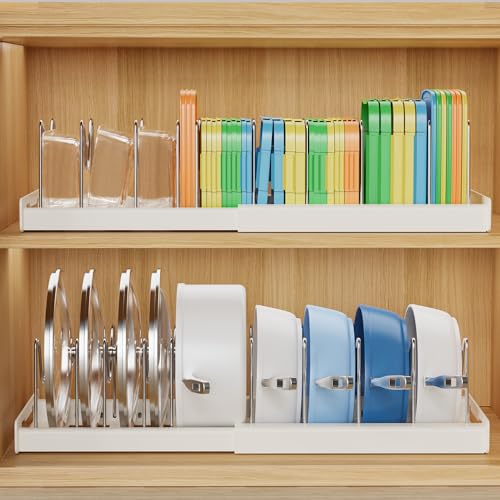 Nigelia 2 Pack Pots and Pans Organizer for Under Cabinet, 22" Expandable Food Storage Container Lid Organizers with 10 Adjustable Dividers Pot Lid Holders Rack Inside Cabinet&Kitchen Countertop(White) - size: 2 Pack