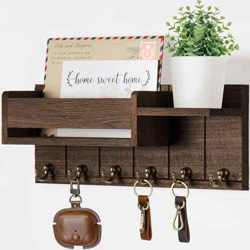 RelaxScene Key Holder Wall Mount - Decorative Key Rack and Mail Organizer with 6 Key Hooks - Wooden Key Hanger with Shelf for Living Room Decor - Rustic Farmhouse Home Entryway Aesthetic Essentials - color: Brown, size: M(12''x4.8'')