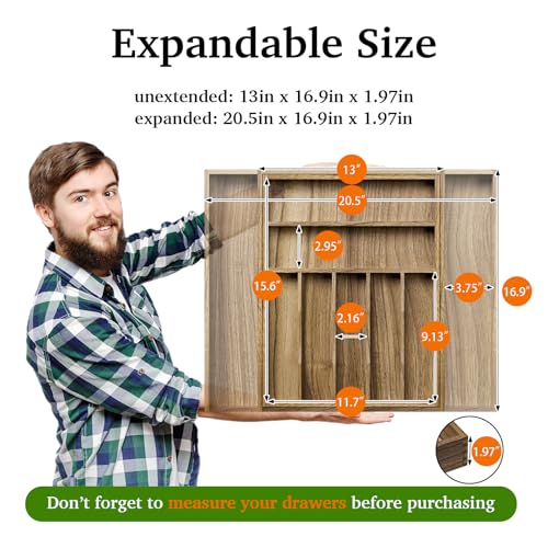 Kiasthome Acacia Wood Kitchen Silverware Drawer Organizer, Expandable Utensil Cutlery Drawer Organizer with Dividers, Flatware Organizer Silverware Tray for Spoon, Fork, 13''-20''x16.9'' (7-9 Slots) - size: 9 Slots Expandable