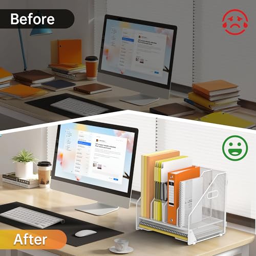 Docnest Desk File Holder Sorter, 4 Vertical Compartments Rack with Letter Tray, Mesh Magazine File Holder with Handle,Workspace Organizers,Desk Organizers for Paper, Mail, Documents-White - color: White-4 Compartments