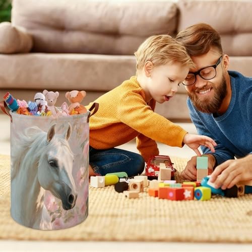 Horse Lover Laundry Hamper Foldable Oxford Fabric Laundry Basket with White Horse Floral Art 15.75 x 19.7 Inch Dirty Clothes Bin with Handles for Bedroom Nursery Dorm Laundry Room - color: Colorful591