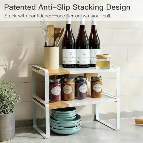 Expandable Cabinet Shelf Organizer & Spice Rack, Stackable Kitchen Counter Shelf with Anti-Slip Legs, Bamboo Cupboard Storage Riser for Dish, Plate & Canned Food (White)