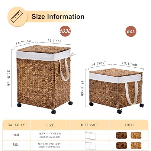 Rolling Laundry Hamper with Lid, Natural Water Hyacinth Basket with Removable Liner, Wheel or Non-Slip Installation Laundry Basket for Home Use (Espresso, 100L) - color: Espresso, size: 100L