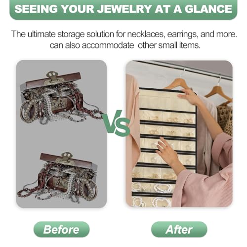 Hanging Jewelry Organizer – Jewelry Holder for Earrings, Necklaces, Rings – Closet Hanging Organizer & Travel hanging Jewelry Organizers for Women, Wall or Door Use, Day Gifts (Beige) - color: Beige