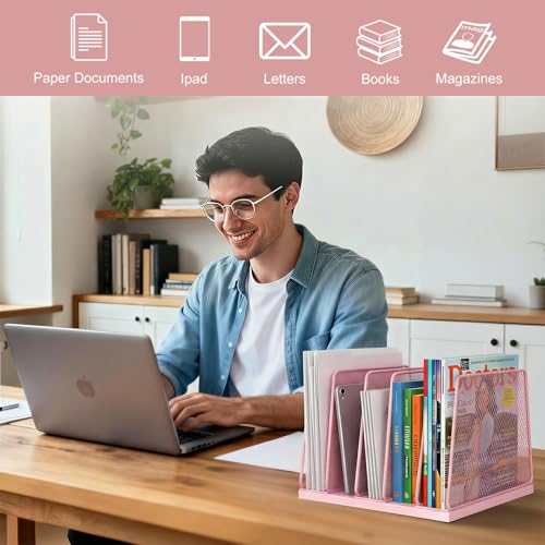 AUPSEN 5-Section File Organizer for Desk, Wood Mesh Desktop File Organizer, File Sorter Storage Rack, Vertical Folder Holder for Files, Magazines, Books (Pink) - color: Pink