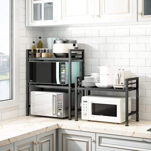 DOLALIKE Microwave Oven Rack, Expandable Microwave Stand Countertop Kitchen Utensils Tableware Storage, Carbon Steel Over Microwave Shelf Countertop with 3 Hooks - color: Black, size: 3 Tier (Without Spice Rack)