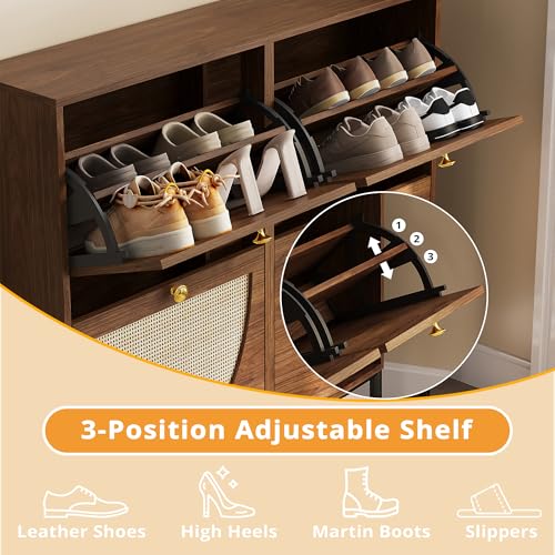 IRONCK Rattan Shoe Cabinet Storage with 4 Flip Drawers, Freestanding Shoe Storage Organizer Cabinet for Entryway, Narrow Shoe Rack Cabinet, Walnut - color: Walnut