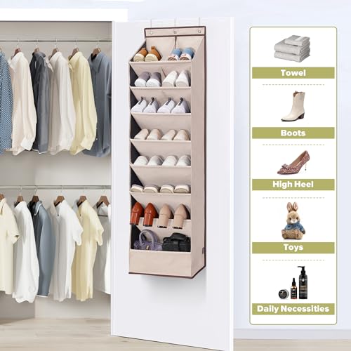 2 Pack Shoe Organizer with 6 Extra Large Pockets and 4 Large Pocket, Over the Door Sturdy Closet Storage Rack, Hanging Shoe Organizer for Shoes, Sneakers, Beige - color: Beige
