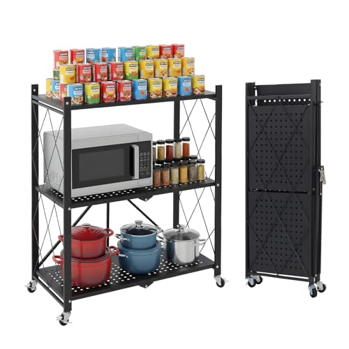 3 Tier Foldable Storage Shelves with Wheels, Metal Collapsible Organization Storage Rack, No Assembly Folding Bookshelf, Rolling Storage Rack for Kitchen, Bedroom, Pantry, Garage, Display, Black - size: 3-Tier