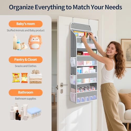 Yecaye Over The Door Organizer, Heavy Duty Hanging Organizers and Storage with 4 Large Capacity Pockets, Swing-Proof Behind The Door Storage for Bathroom Nursery Bedroom Dorm Closet, Grey,1Pc - color: Grey, size: 4 Tier