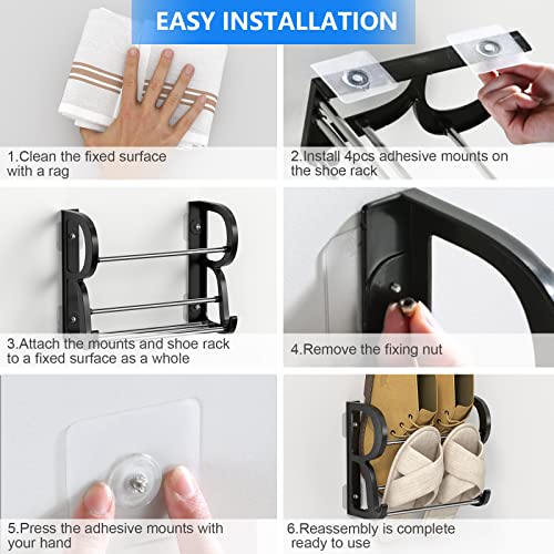 4 Pack Wall Mounted Shoes Rack Wall Shoe Holder Hanging Shoe Organizer Door Hanging Shoe Storage with Sticky Mounts for Camper RV with Hooks No Drilling Black - style: Modern