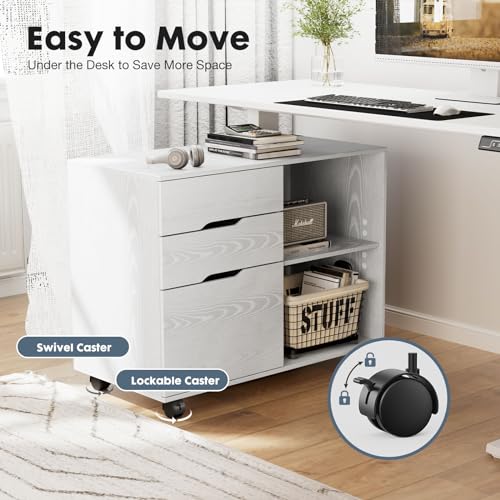 DUMOS Lateral File Cabinet with 3 Drawers Rolling Filing Cabinets Under Desk Storage Printer Stand Wood Organizer with Wheels Adjustable Shelf for Office Home Small Space, White - color: Classic White