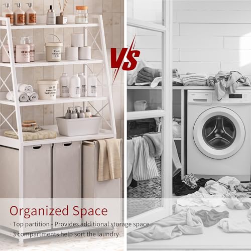 Herture Laundry Basket, 3 Section Laundry Hamper with 4 Tiers Shelf, Pull-Out and Removable Laundry Bags, Large 3 x 15.87 Gallons, for Laundry Room Bathroom White PF05XLW - color: White, size: 3 Bags-180 L