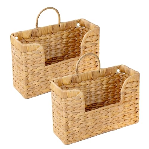 Set of 2 Magazine Holder Wall Basket Water Hyacinth Woven Mail Organizer, Wicker Wall Hanging Baskets for Magazines, Letters & Storage Decorative Mail Holder, Magazine Rack, 11.8x4.3x7.9 Inch - color: Water Hyacinth