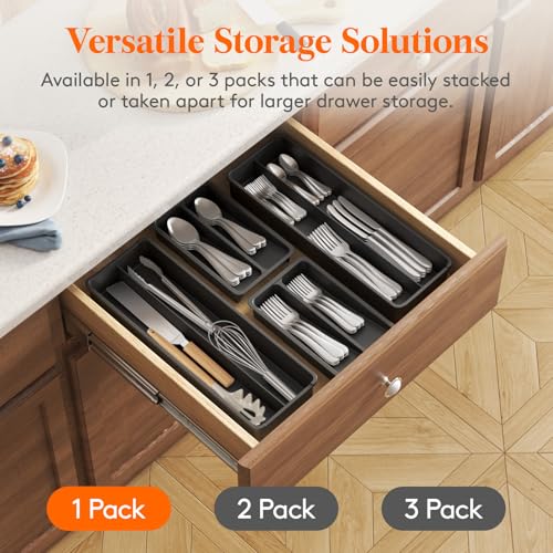 Lifewit Compact Silverware Organizer for Kitchen Drawer, Narrow Flatware Tray Holder, Plastic Cutlery Spoons, Forks and Knives Storage, Black, 1 Pack - color: Black