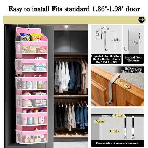 PAULONE 1 Pack Heavy Duty Over the Door Organizer, 6 Large + 12 Mesh Pockets with 89 lbs Capacity, Space-Saving Hanging Storage for Shoes, Toys, Bedroom & Closet (6-Layer Pink) - color: 6-Layer Pink
