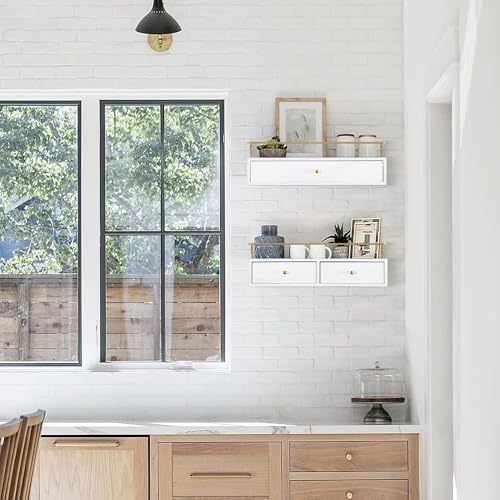 Dreampossible Floating Shelves With Drawers Set of 2 - Wall Mounted Storage for Bathroom, Living Room, Kitchen - Rustic Wood Wall Decor for Plants, Books - color: White, size: 15.8 Inch Long