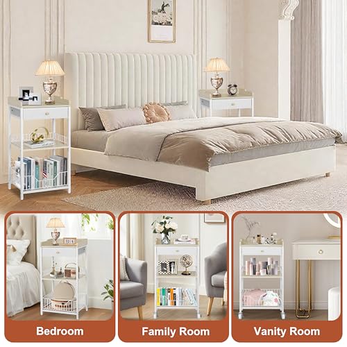 4-Tier Small Side Table with Storage Drawer, Tall Nightstand with Wheels & Basket, Rolling Bathroom Table for Small Spaces, Bedroom, Living Room, Dorm, White and Natural - color: White With Natural