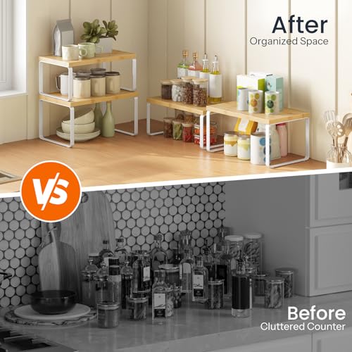 HOOBRO Cabinet Organizer Shelf, Set of 4 Kitchen Counter Shelves, Expandable Kitchen Storage, Stackable Bamboo Spice Rack, for Kitchen, Countertop, Office Desk, Bathroom, Natural and White YW30TLP201 - color: Natural, White