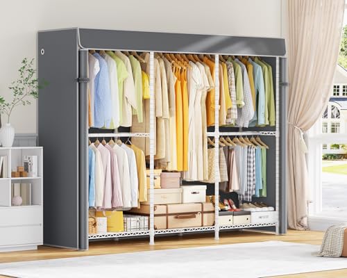 ULIFHOME E14C Pro Heavy Duty Closet Organizer System，Freestanding Clothing Racks for Hanging Clothes，Adjustable Garment Rack 70.1"W × 16.6"D × 76.4"H Hold 960 lbs，White Rack with Grey Dustproof Cover - color: White Rack With Grey Cover